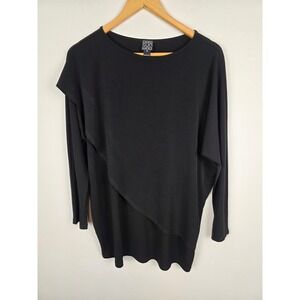 Clara Sun Woo Black Tunic Top Medium Asymmetric Hem Long Sleeve Made in USA